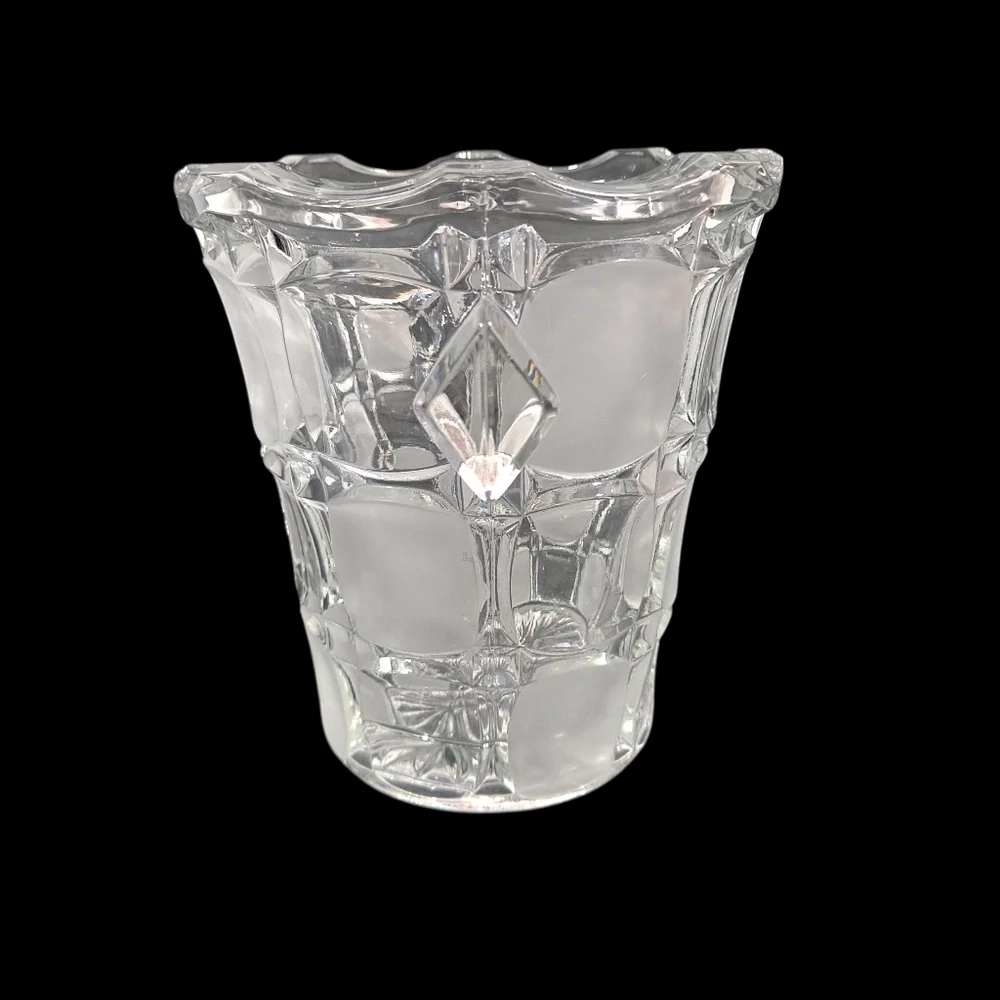 Vintage Bohemian Czech Crystal Ice Bucket With Handles Clear Glass Frosted